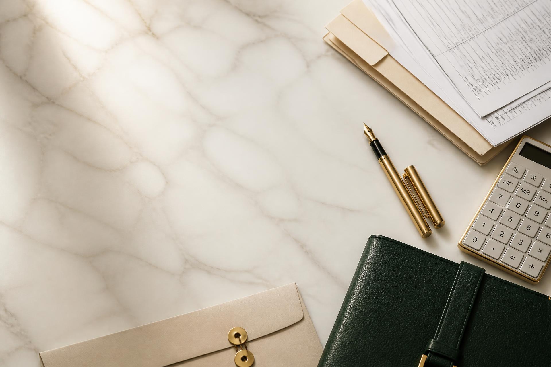 Tax documents, folders, a gold pen and a calculator arranged on a marble desk